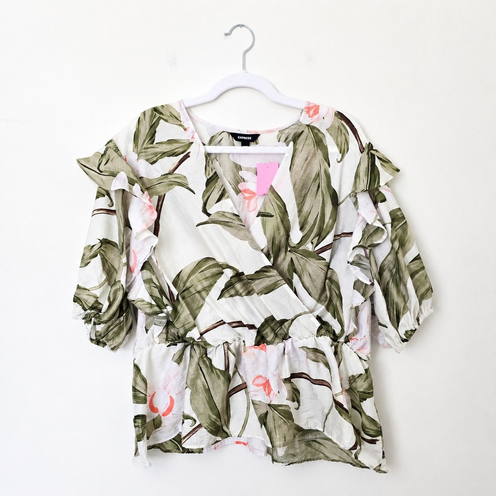 Express Faux Wrap Blouse Womens XL White Green Floral Ruffle Peplum Tropical Top